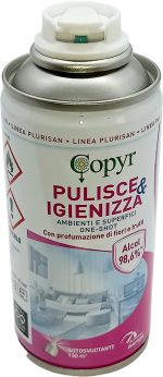 Plurisan spray igienizzante multiuso, alcol 96%.Bomboletta auto-svuotante 150 ml